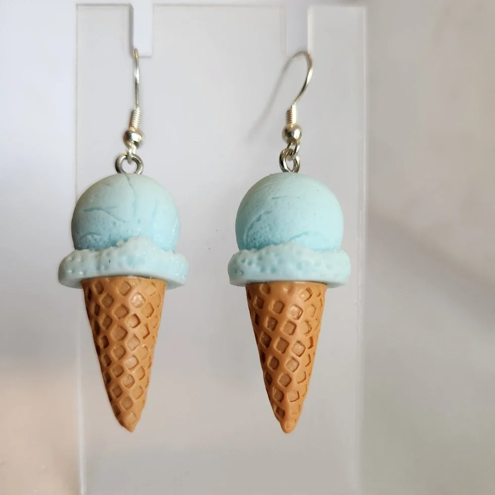 Blue Ice‎ Cream Cone Dangle Earrings Summer Foodie Novelty Jewelry 2